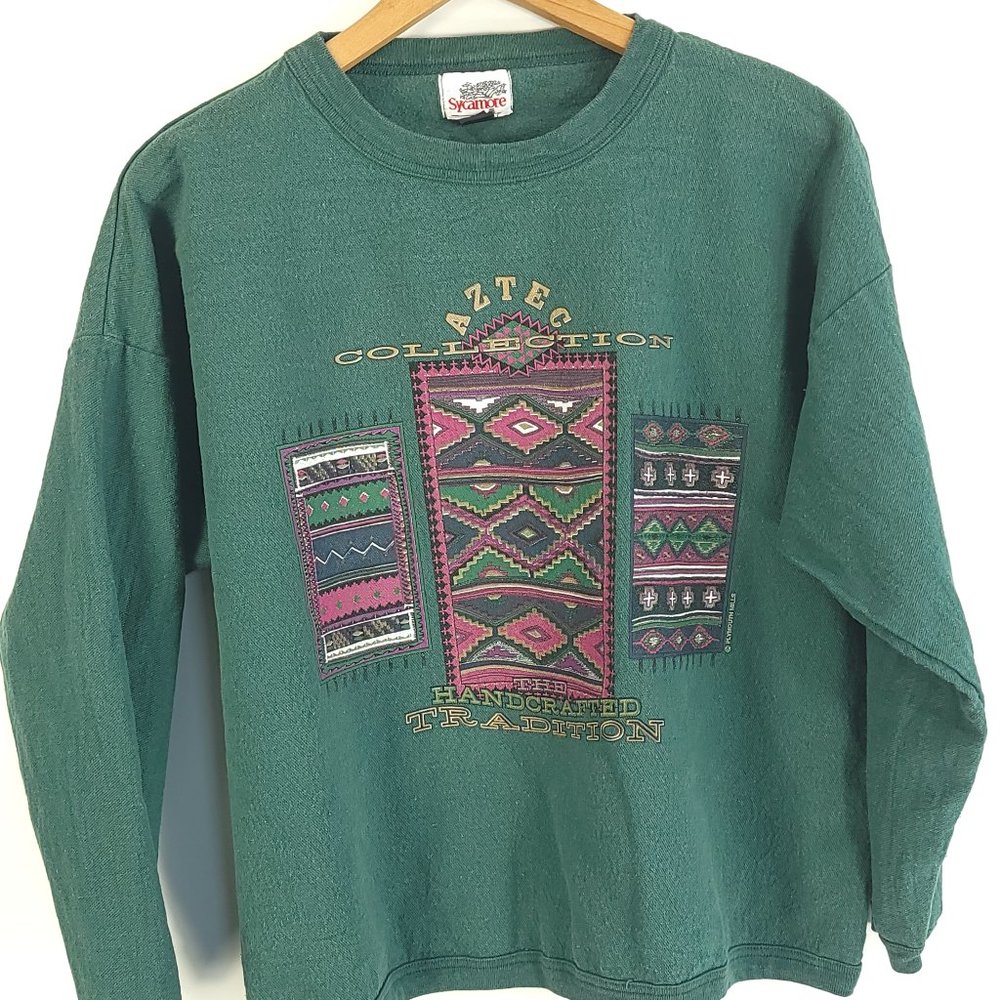 Vtg Sycamore Brand Graphic Sweatshirt Top OSFA Aztec Collection Distressed